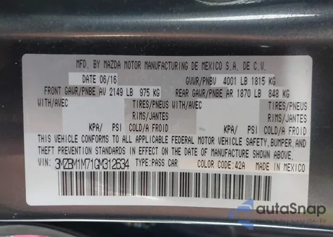 2016 Mazda Mazda3 I Touring from USA, damaged, VIN 3MZBM1M71GM312634